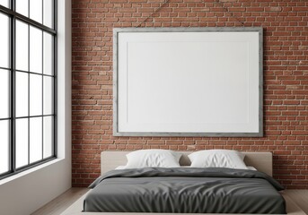 Blank horizontal poster frame mockup on a red brick wall in a modern loft bedroom with industrial style interior design