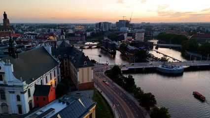 old European city city center view from above evening night illumination Wroclaw Poland