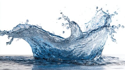 Dynamic water splash captured from side angle with fine droplets frozen midair against a clean white background, emphasizing motion and clarity