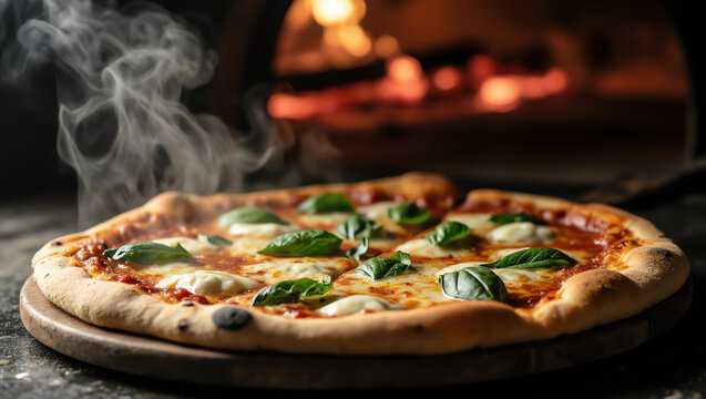 Rustic Pizza Fresh from Oven with Melted Cheese, Basil, and Charred Crust | Steaming Hot Pizza, Authentic Italian Style, Gourmet Pizza Photography, Wood-Fired Oven, and Culinary Concept