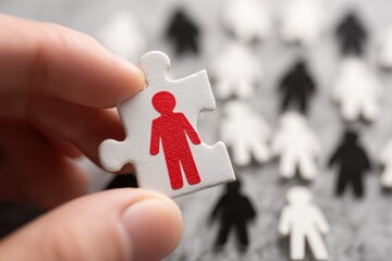 Hand holds a puzzle piece with a red person figure, surrounded by many white and black figures