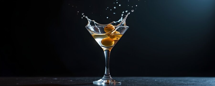 Martini glass with olives and splash. An elegant Martini glass filled with a refreshing beverage, as a splash is created by an olive