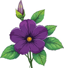 Purple Petunia Flower and Bud Vector – Botanical Cartoon Blossom with Green Leaves, Garden Clipar