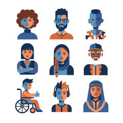 A set of vector avatars for a website, diverse in ethnicity and style, using a simple two-color scheme
