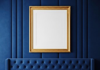 Elegant Empty Picture Frame with Gold Trim Against a Luxurious Blue Background for Design