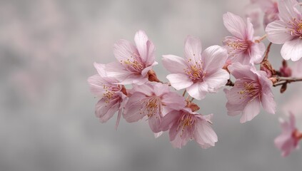 Delicate pink cherry blossoms on branch against soft grey backdrop