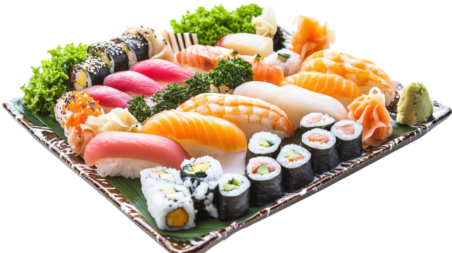 Sushi platter with salmon tuna shrimp and rolls isolated on a transparent background