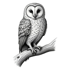 Detailed illustration of a barn owl perched on a branch isolated on transparent background