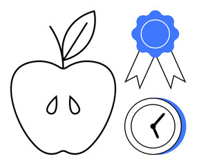 Apple representing nutrition, clock symbolizing time management, and badge for success. Ideal for health, time management, goal setting, rewards, productivity, fitness simple flat metaphor