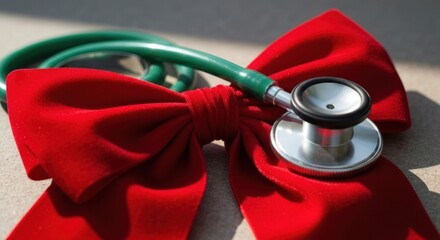 A vibrant red velvet bow encircles a green stethoscope