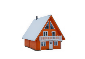 Cozy orange a frame cabin with snow covered roof