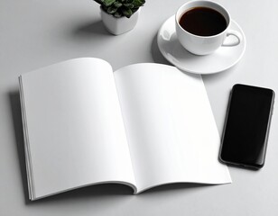 Blank open magazine or book on a minimalist desk with a cup of coffee and a smartphone, offering a clean template for text or design