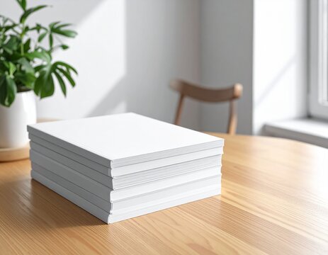 Stack of blank white paper resting on a wooden table with a potted plant and a chair in the background