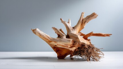 Sideangle view of an ancient twisted tree trunk with exposed roots against a soft gray gradient background, emphasizing intricate textures, organic form, and natural beauty with ample copy space