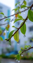 Obraz premium Close-up of rain-drenched leaves on a branch, with buildings in the background