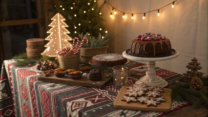 Festive dessert table decor cozy cabin food display warm lighting overhead view holiday celebration
