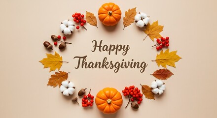 Happy Thanksgiving Flat Lay with Autumn Wreath of Pumpkins, Leaves, Berries, Cotton, Acorns on Beige Background