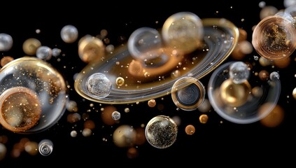 Abstract 3D spheres, gold, and crystal, in motion on black background