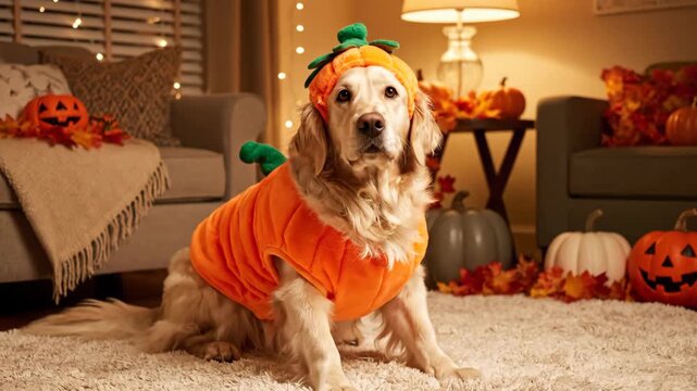 Golden retriever wearing pumpkin costume sits on soft rug surrounded by Halloween decorations. Warm indoor setting with colorful pumpkins and autumn ambiance