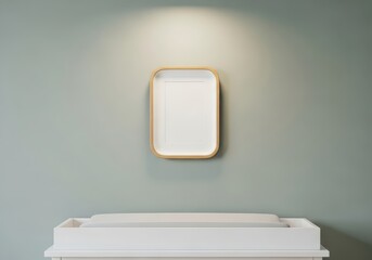 Minimalist interior design concept a framed empty picture on a light blue wall above a changing table