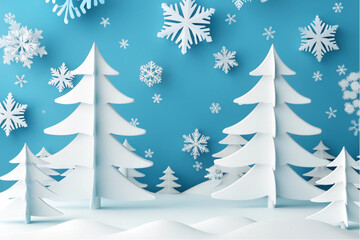 Obraz premium Winter forest scene with white paper snowflakes and trees against a blue background