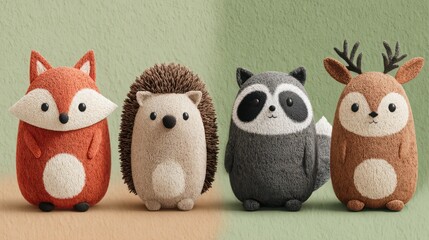 Adorable Woodland Animal Set Featuring a Playful Red Fox, Hedgehog, and Raccoon Celebrating Natures Charm