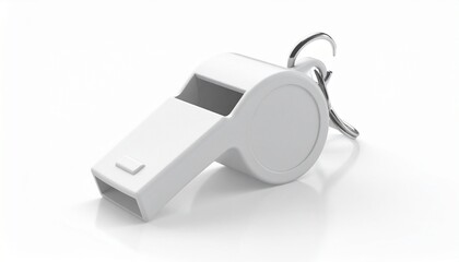 White plastic whistle with rectangular mouthpiece and circular body, featuring a small top marking and attached to a metal keyring, placed on a white background to emphasize its simple and functional 