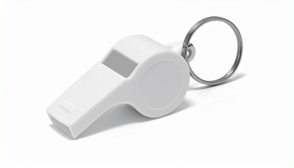 White plastic whistle with rectangular mouthpiece and circular body, featuring a small top marking and attached to a metal keyring, placed on a white background to emphasize its simple and functional 