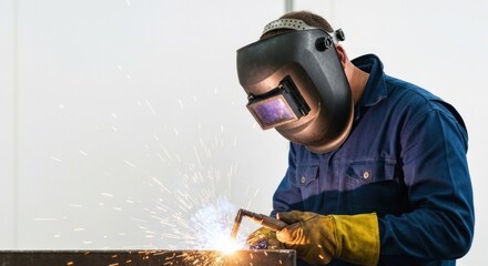A welder in protective gear concentrates on metalwork.  Sparks fly from the welding torch