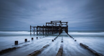 A weathered, rusted pier stretches out over a stormy sea