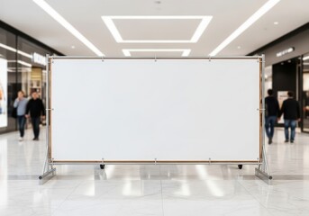 Large blank white advertising board with copy space in a modern shopping mall. Ideal for impactful promotions and announcements to a consumer audience