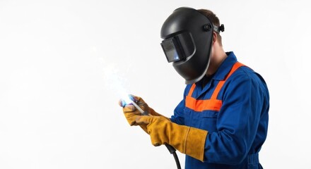 A welder in protective gear, focusing on their work