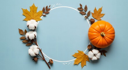 Autumnal Composition: Pumpkin, Leaves, Cotton, Acorns, Blue Background, Circle