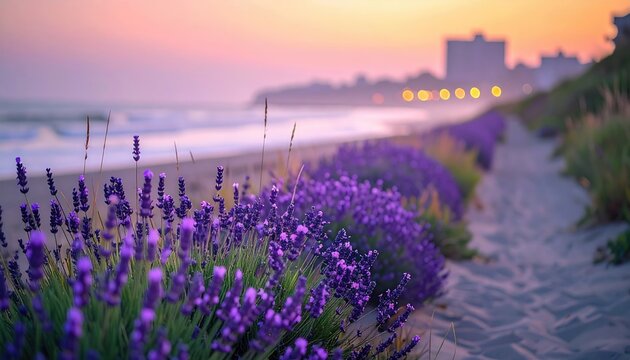 Lavender blooms line a sandy beach at sunset