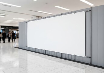 A large blank white billboard for advertising mockups, mounted on a grey wall in a modern indoor public space
