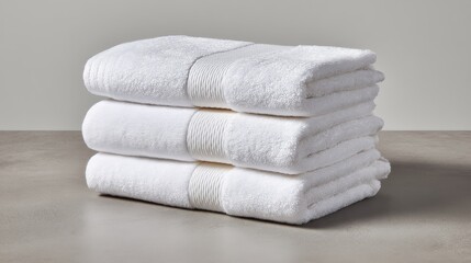 Neatly folded white towels stacked on light gray surface with subtle shadows and ample copy space for spa, hotel, or bath products