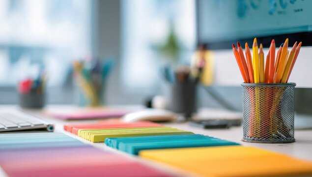 Colorful stationery on a desk, blurred background