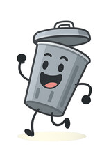 Cartoon Trash Can Character Running with Open Lid and Happy Face garbage bin isolated on a transparent background