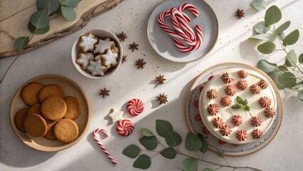 Festive holiday baking event dessert display with cookies and cake in a cozy kitchen setting top-down view for seasonal inspiration