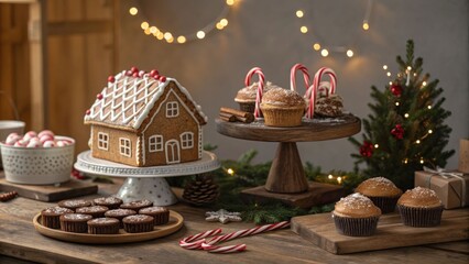 Festive gingerbread house display cozy kitchen food photography holiday spirit close-up view sweet treats for celebrating christmas