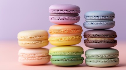 Rainbow macarons stacked on pastel background.