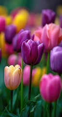 Fototapeta premium Vibrant tulips in various shades of pink, purple, and yellow