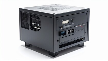 Obraz premium Compact cube-shaped black computer case with visible rear ports including HDMI, USB, Ethernet, and audio jacks, featuring ventilation grilles and raised feet for airflow, designed for small form facto