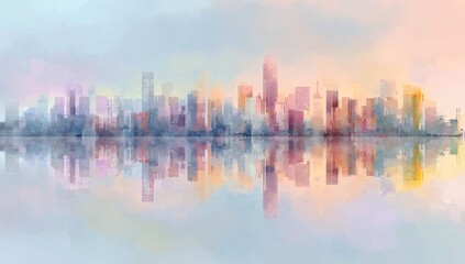 Fototapeta premium City skyline reflected in a pastel-toned water, painted with soft brushstrokes