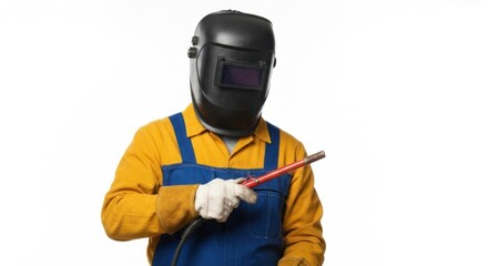 A welder in protective gear, holding a welding torch