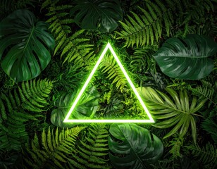 Neon green triangle frame in lush tropical foliage