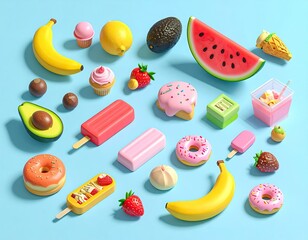 Colorful, stylized fruit and sweets arranged on a light blue background