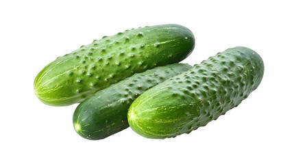Three fresh green cucumbers isolated on a transparent background