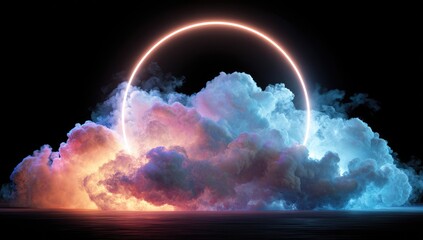 Neon ring through colorful clouds