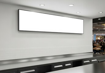 Blank panoramic digital signage screen on a white wall for advertising mockup in a modern commercial interior space